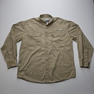 Magellan Sportswear Lake Fork Fishing Shirt Mens Large Tan Khaki Vented Cotton